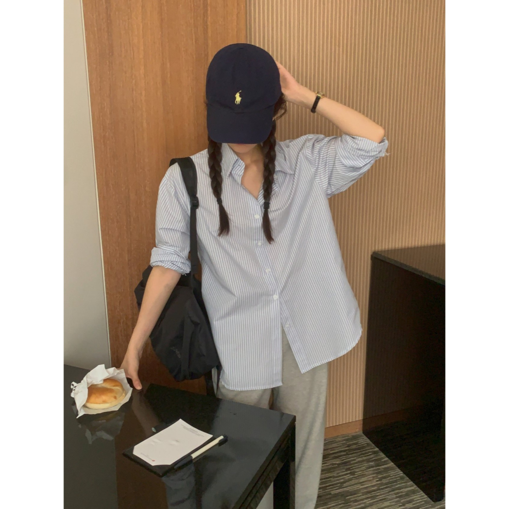 VENUSY｜正韓🇰🇷 - 韓國女裝｜棉質線條長袖襯衫 韓國襯衫-細節圖4
