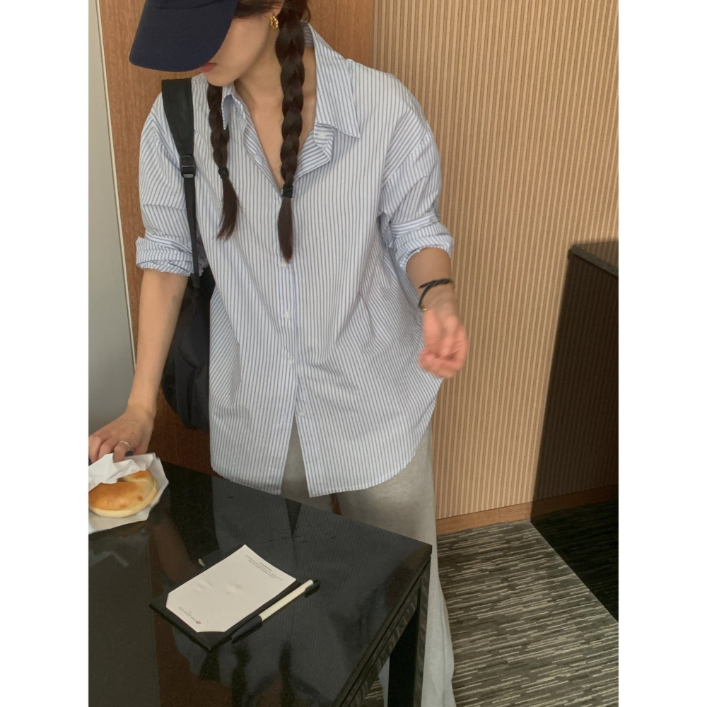 VENUSY｜正韓🇰🇷 - 韓國女裝｜棉質線條長袖襯衫 韓國襯衫-細節圖5