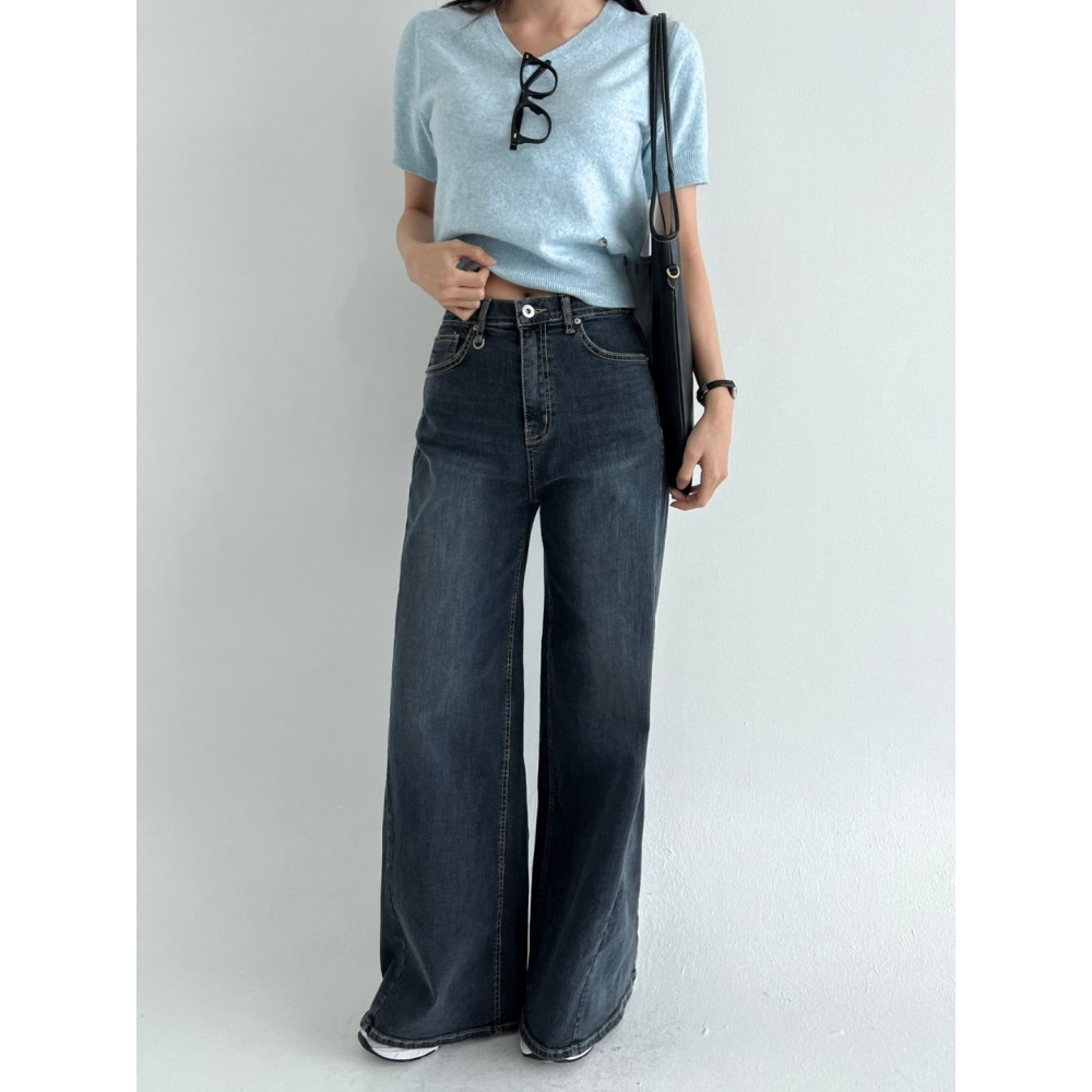 【逆天長腿】顯瘦高腰百搭神褲．ᴠɴ｜正韓🇰🇷 - 韓國女裝｜斜縫線寬版喇叭牛仔褲 韓國牛仔褲-細節圖2
