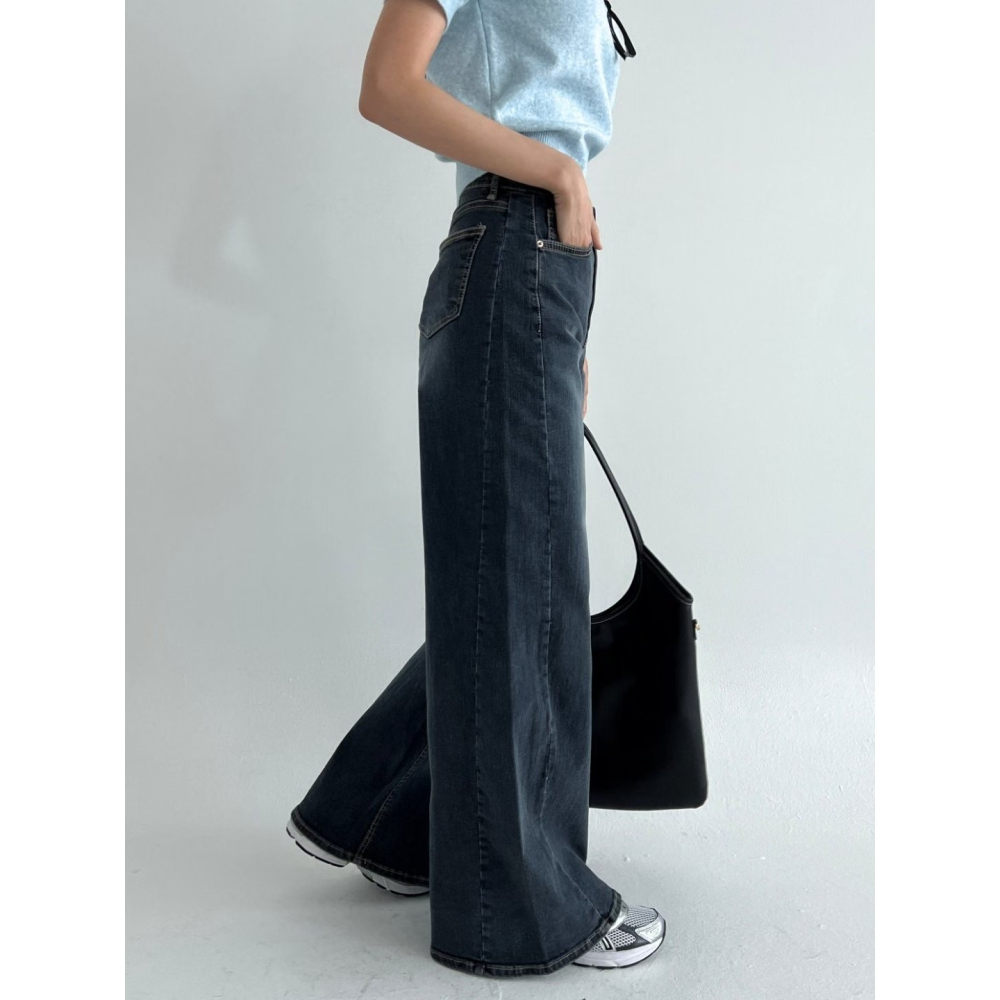 【逆天長腿】顯瘦高腰百搭神褲．ᴠɴ｜正韓🇰🇷 - 韓國女裝｜斜縫線寬版喇叭牛仔褲 韓國牛仔褲-細節圖3