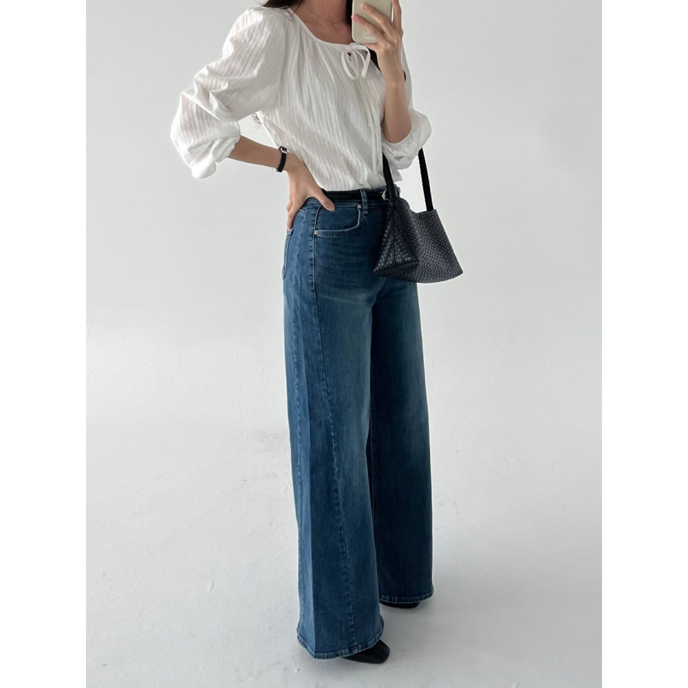 【逆天長腿】顯瘦高腰百搭神褲．ᴠɴ｜正韓🇰🇷 - 韓國女裝｜斜縫線寬版喇叭牛仔褲 韓國牛仔褲-細節圖8