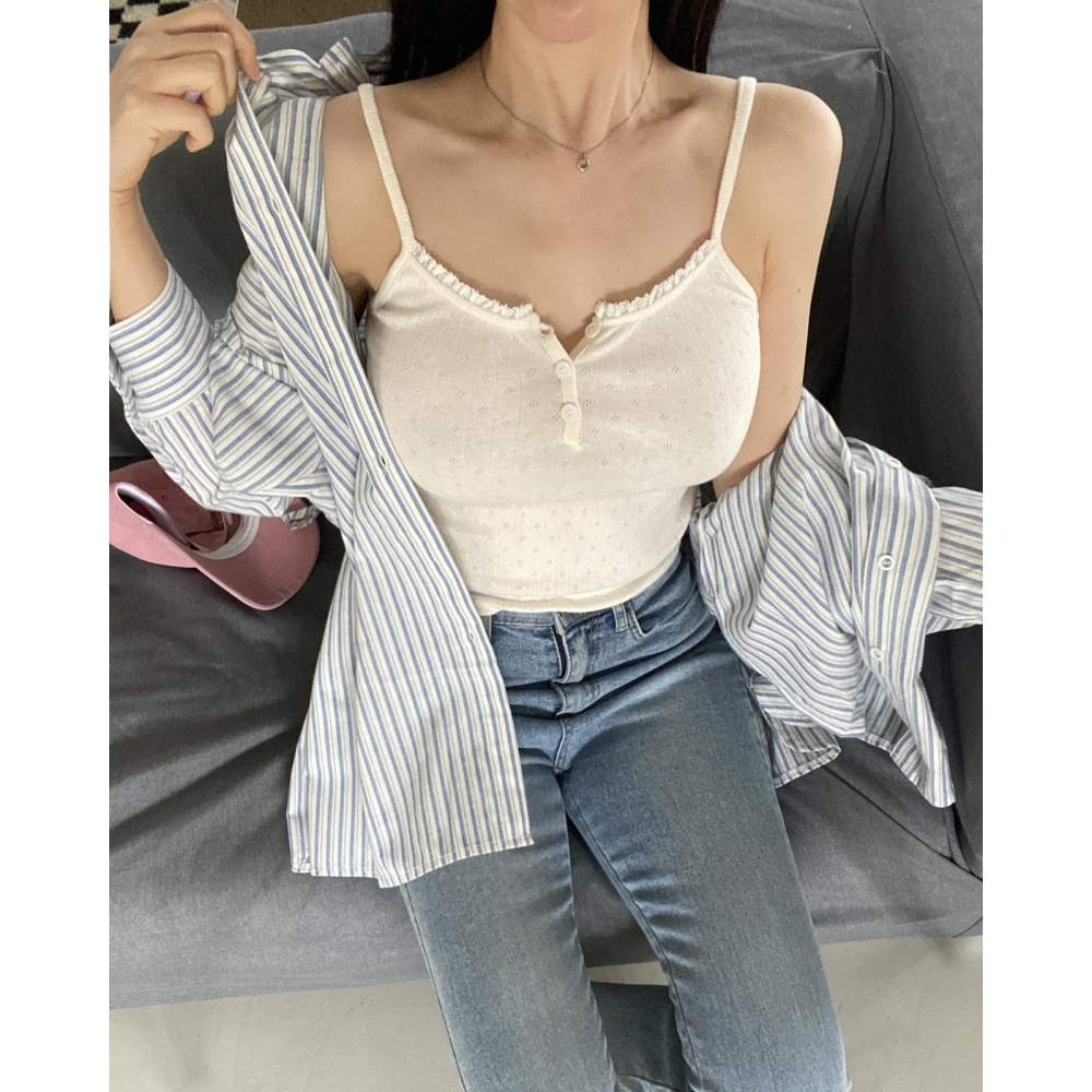 VENUSY｜正韓🇰🇷 - 𝟷𝟶𝟶%棉☀ 韓國女裝｜純棉鏤空蕾絲背心-細節圖4