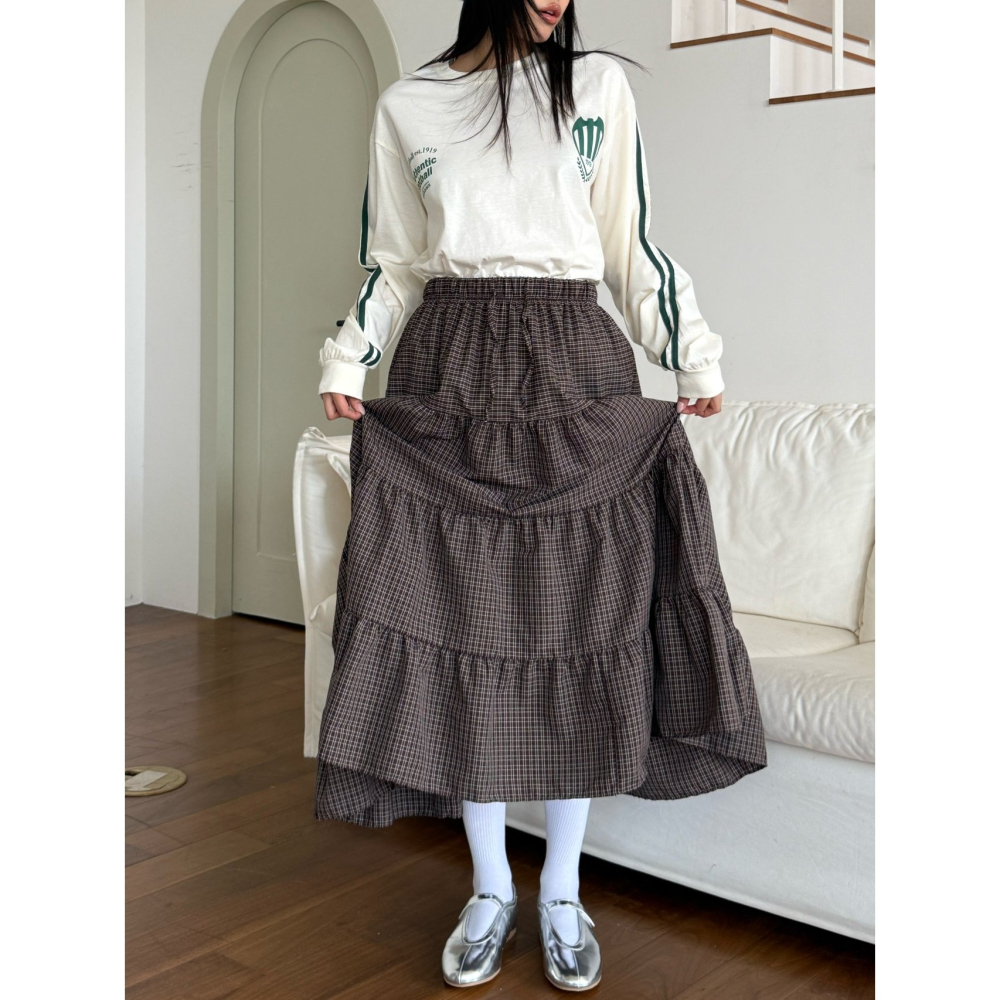 【高腰顯瘦】層次感文青必備．ᴠɴ｜正韓🇰🇷 - 韓國女裝｜復古格紋長裙-細節圖3