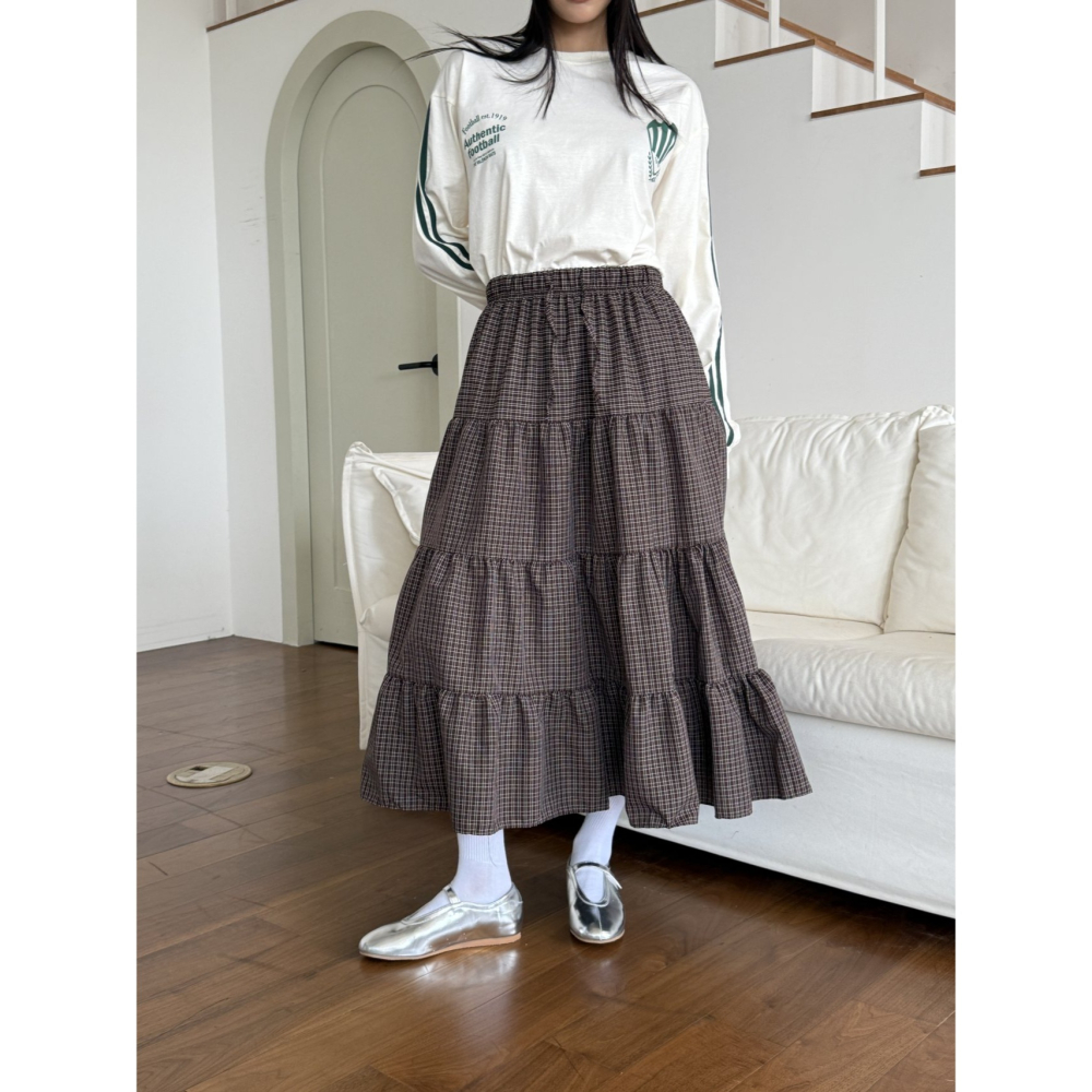 【高腰顯瘦】層次感文青必備．ᴠɴ｜正韓🇰🇷 - 韓國女裝｜復古格紋長裙-細節圖4
