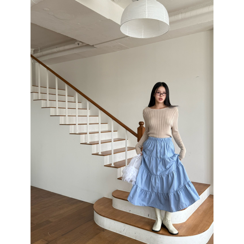 【高腰顯瘦】層次感文青必備．ᴠɴ｜正韓🇰🇷 - 韓國女裝｜復古格紋長裙-細節圖5