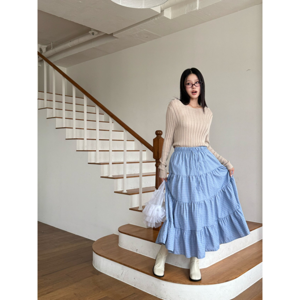【高腰顯瘦】層次感文青必備．ᴠɴ｜正韓🇰🇷 - 韓國女裝｜復古格紋長裙-細節圖6