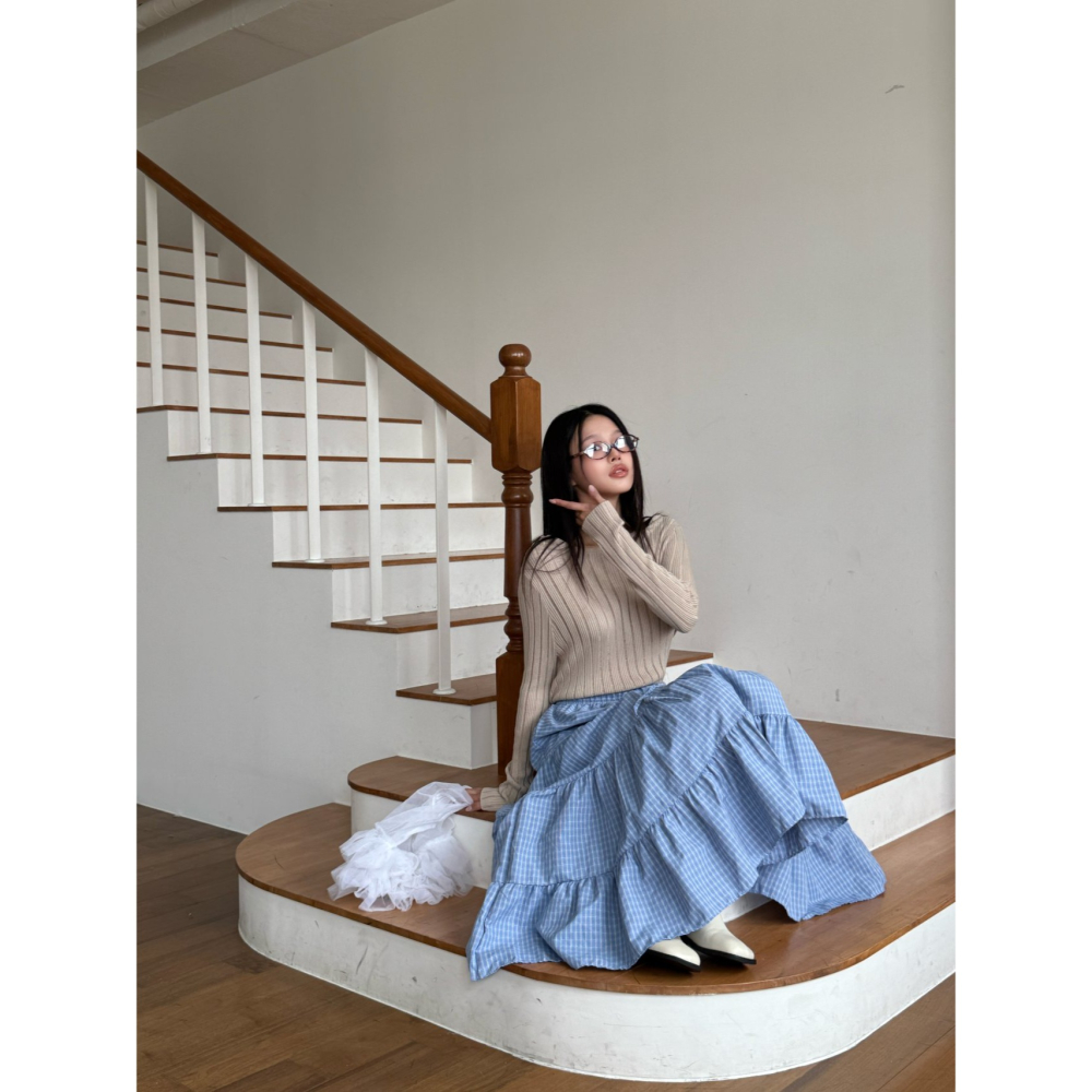 【高腰顯瘦】層次感文青必備．ᴠɴ｜正韓🇰🇷 - 韓國女裝｜復古格紋長裙-細節圖7