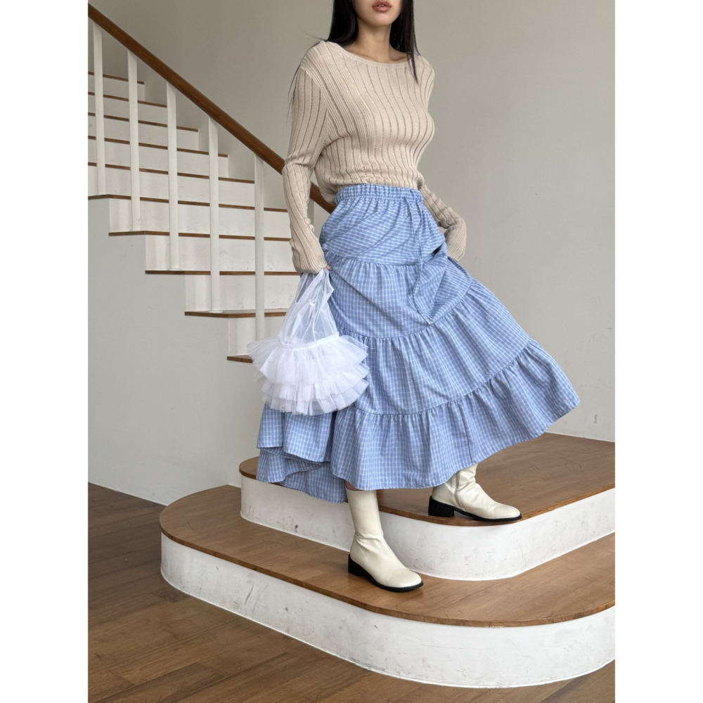 【高腰顯瘦】層次感文青必備．ᴠɴ｜正韓🇰🇷 - 韓國女裝｜復古格紋長裙-細節圖9
