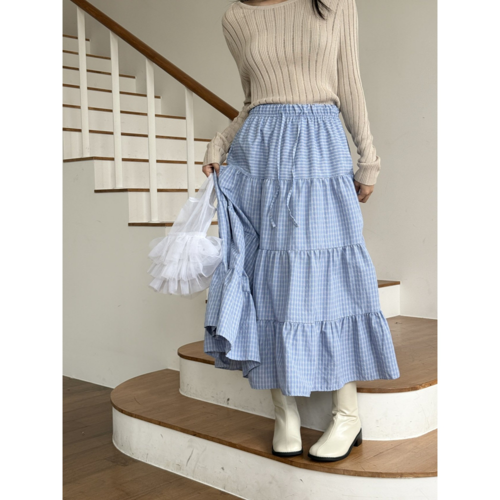 【高腰顯瘦】層次感文青必備．ᴠɴ｜正韓🇰🇷 - 韓國女裝｜復古格紋長裙-細節圖10