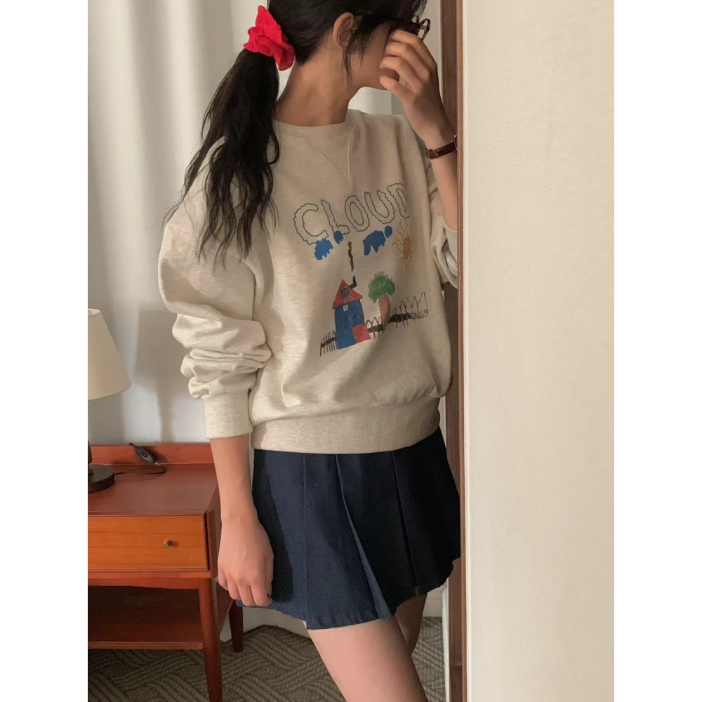 【可愛減齡】三角小屋大學T．ᴠɴ｜正韓🇰🇷 - 韓國女裝｜雲朵插畫衛衣-細節圖4