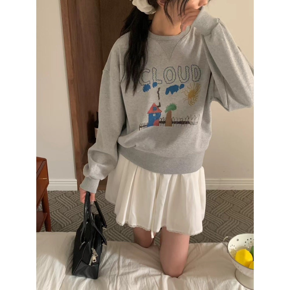 【可愛減齡】三角小屋大學T．ᴠɴ｜正韓🇰🇷 - 韓國女裝｜雲朵插畫衛衣-細節圖6