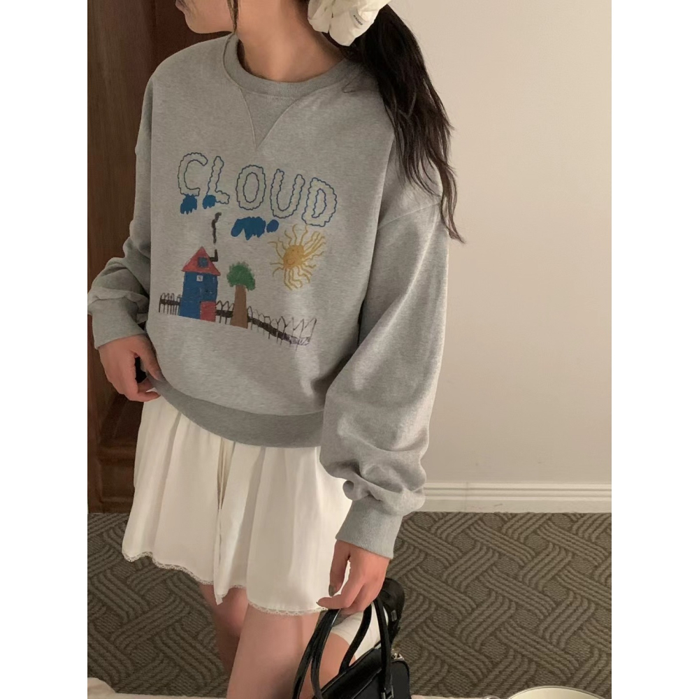 【可愛減齡】三角小屋大學T．ᴠɴ｜正韓🇰🇷 - 韓國女裝｜雲朵插畫衛衣-細節圖7