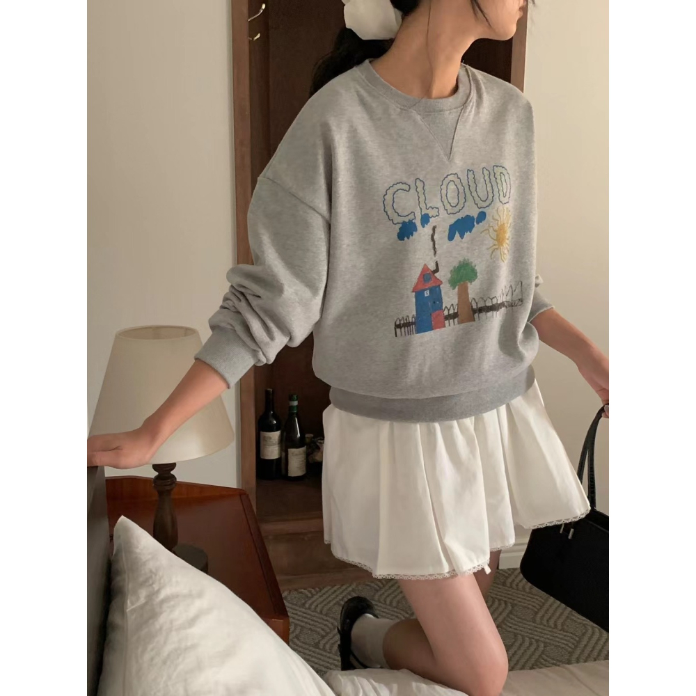 【可愛減齡】三角小屋大學T．ᴠɴ｜正韓🇰🇷 - 韓國女裝｜雲朵插畫衛衣-細節圖8