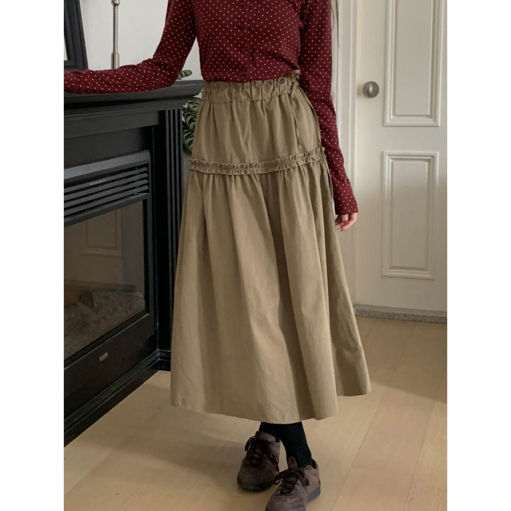 【高腰顯瘦】漫步女神 文青長裙．ᴠɴ｜正韓🇰🇷 - 韓國女裝｜純棉荷葉邊長裙-細節圖2