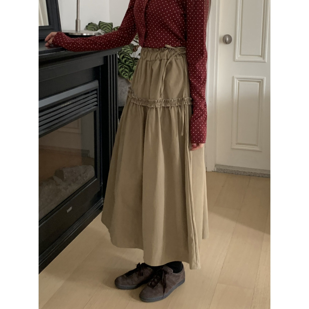 【高腰顯瘦】漫步女神 文青長裙．ᴠɴ｜正韓🇰🇷 - 韓國女裝｜純棉荷葉邊長裙-細節圖3