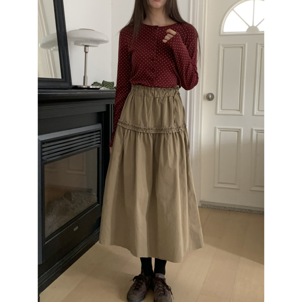 【高腰顯瘦】漫步女神 文青長裙．ᴠɴ｜正韓🇰🇷 - 韓國女裝｜純棉荷葉邊長裙-細節圖4