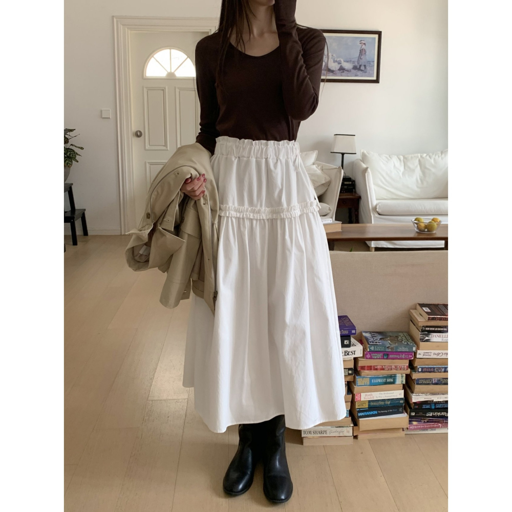 【高腰顯瘦】漫步女神 文青長裙．ᴠɴ｜正韓🇰🇷 - 韓國女裝｜純棉荷葉邊長裙-細節圖6