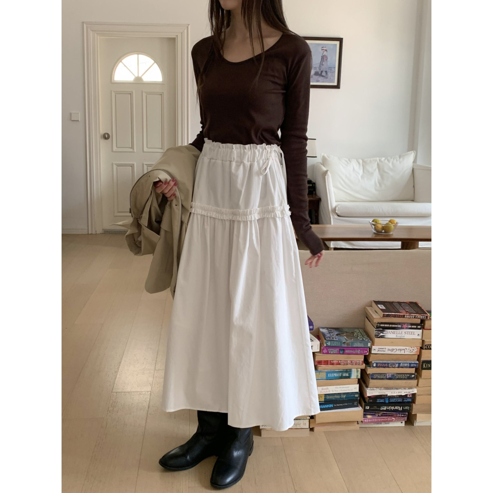【高腰顯瘦】漫步女神 文青長裙．ᴠɴ｜正韓🇰🇷 - 韓國女裝｜純棉荷葉邊長裙-細節圖8
