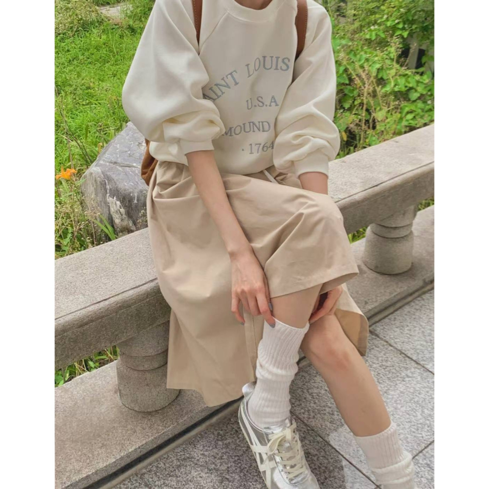 【𝟷𝟶𝟶%棉】百搭拼色中長裙．ᴠɴ｜正韓🇰🇷 - 韓國女裝｜純棉拼色抽繩中長裙-細節圖2