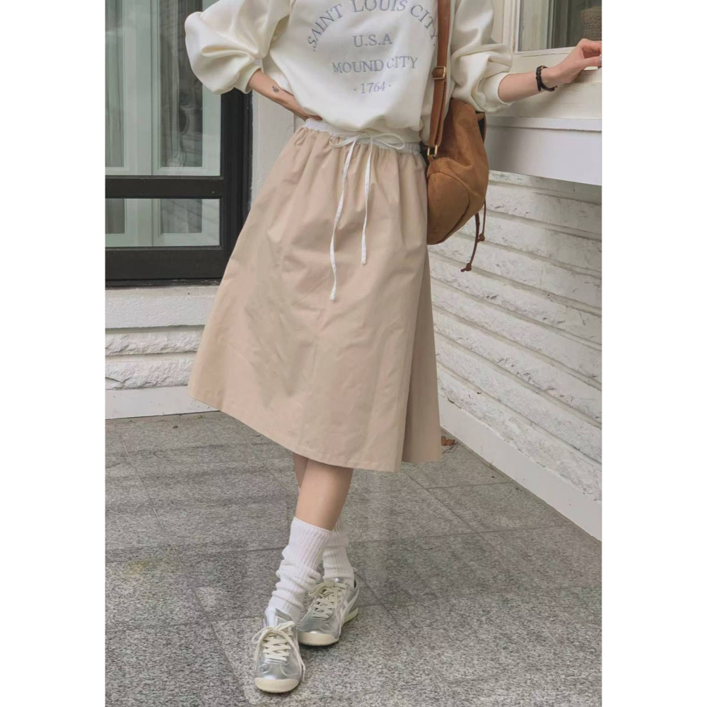 【𝟷𝟶𝟶%棉】百搭拼色中長裙．ᴠɴ｜正韓🇰🇷 - 韓國女裝｜純棉拼色抽繩中長裙-細節圖3