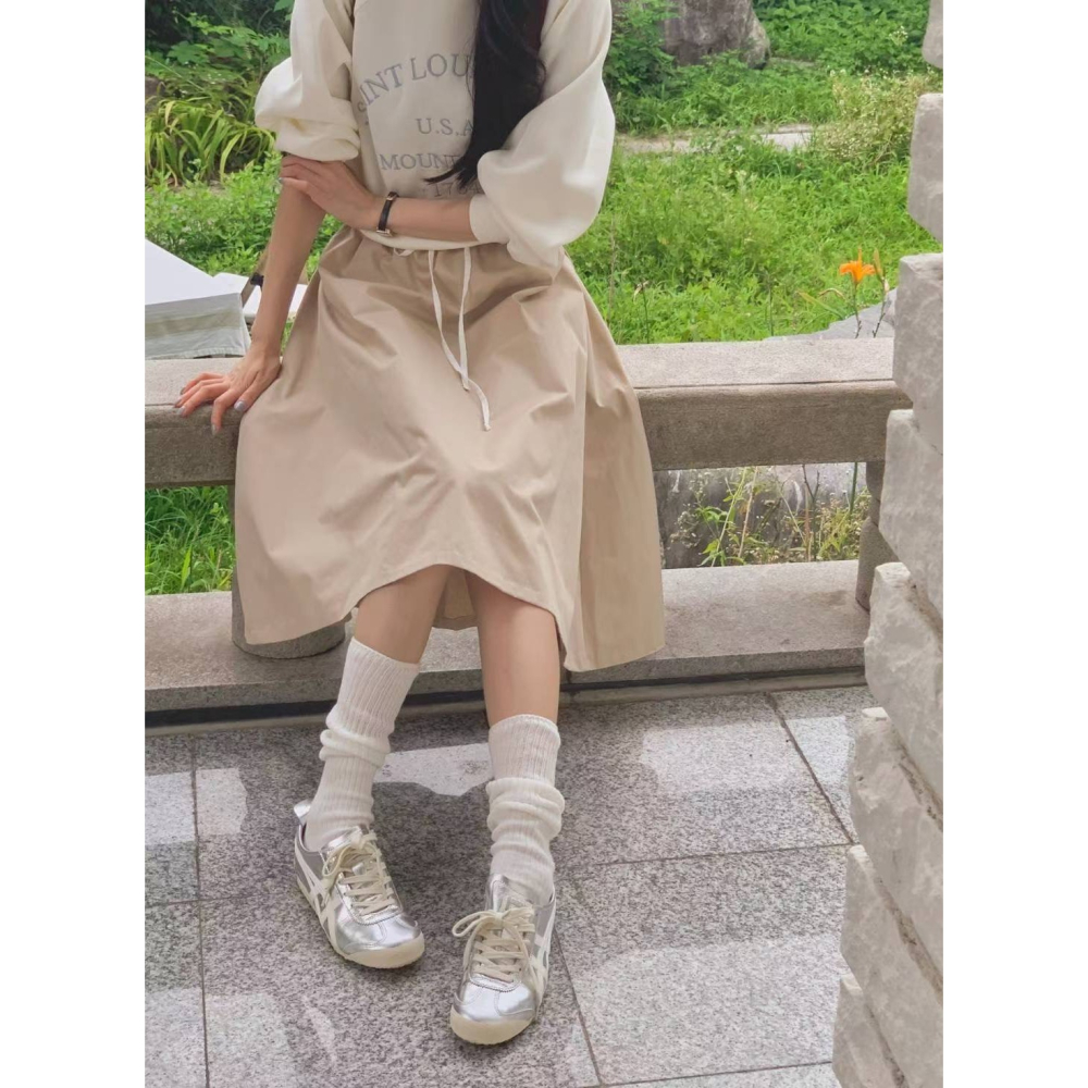 【𝟷𝟶𝟶%棉】百搭拼色中長裙．ᴠɴ｜正韓🇰🇷 - 韓國女裝｜純棉拼色抽繩中長裙-細節圖4