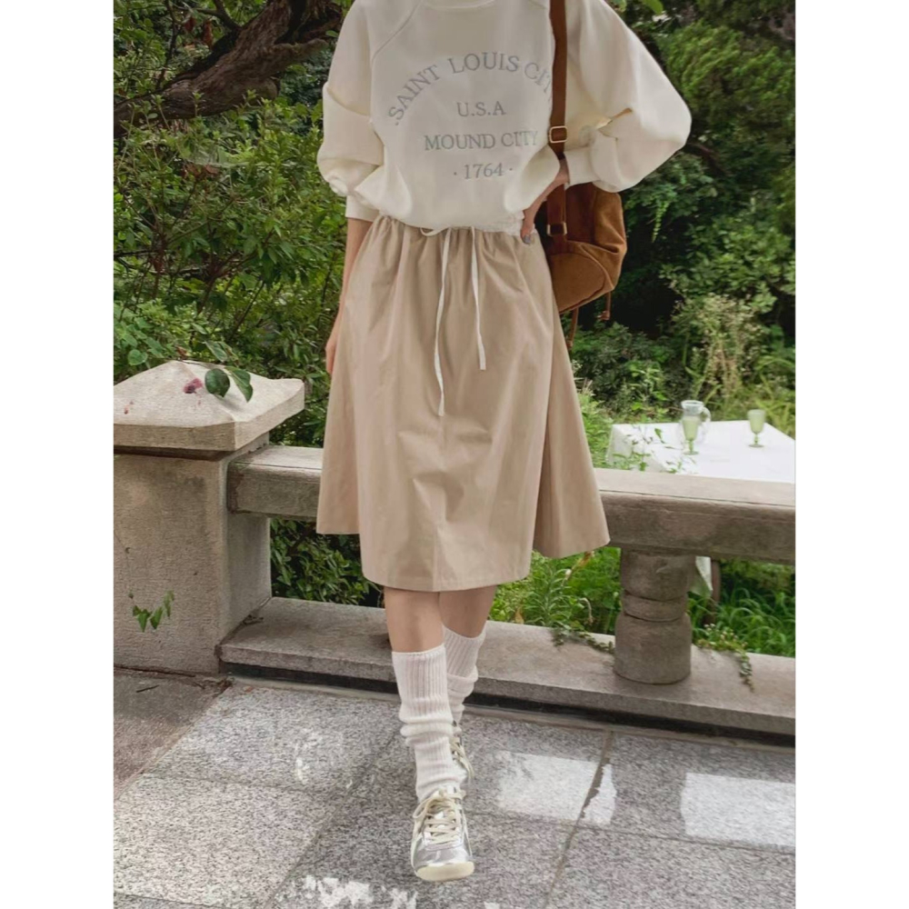 【𝟷𝟶𝟶%棉】百搭拼色中長裙．ᴠɴ｜正韓🇰🇷 - 韓國女裝｜純棉拼色抽繩中長裙-細節圖5