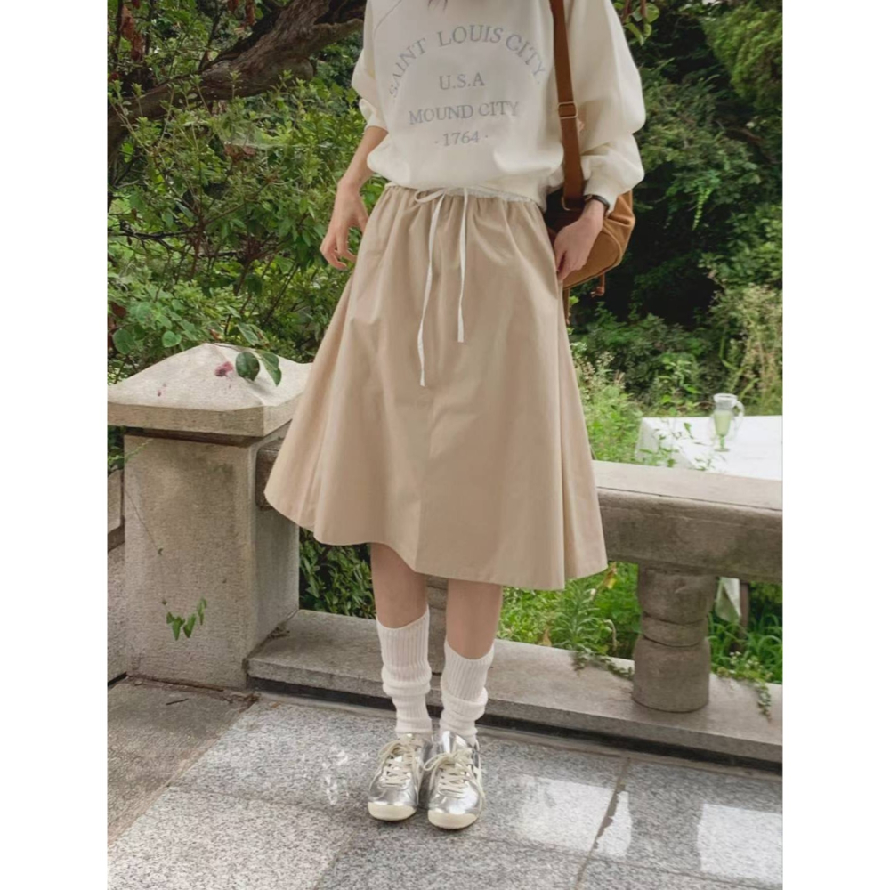 【𝟷𝟶𝟶%棉】百搭拼色中長裙．ᴠɴ｜正韓🇰🇷 - 韓國女裝｜純棉拼色抽繩中長裙-細節圖6