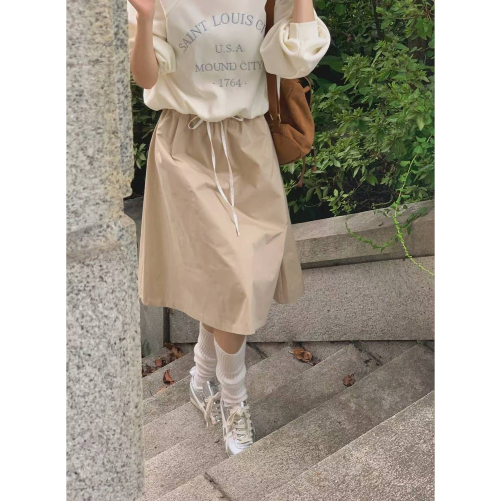【𝟷𝟶𝟶%棉】百搭拼色中長裙．ᴠɴ｜正韓🇰🇷 - 韓國女裝｜純棉拼色抽繩中長裙-細節圖7