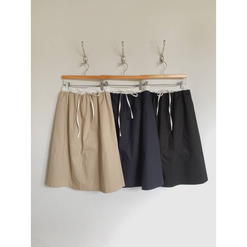 【𝟷𝟶𝟶%棉】百搭拼色中長裙．ᴠɴ｜正韓🇰🇷 - 韓國女裝｜純棉拼色抽繩中長裙-細節圖9