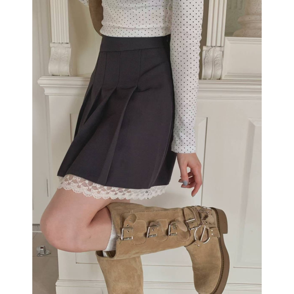 【顯瘦】高腰學院風百褶裙．ᴠɴ｜正韓🇰🇷 - 韓國女裝｜蕾絲拼接百褶短裙-細節圖6