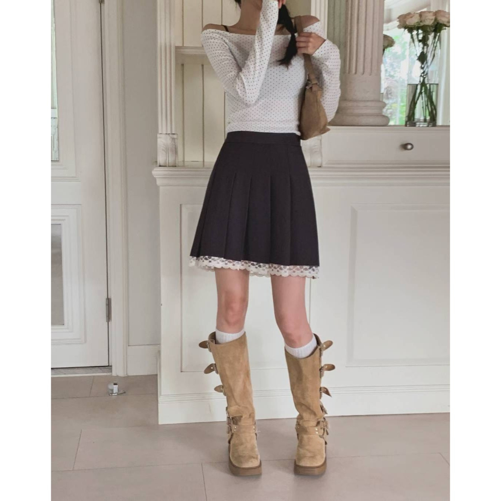 【顯瘦】高腰學院風百褶裙．ᴠɴ｜正韓🇰🇷 - 韓國女裝｜蕾絲拼接百褶短裙-細節圖7