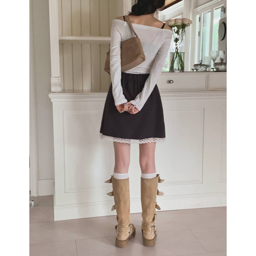 【顯瘦】高腰學院風百褶裙．ᴠɴ｜正韓🇰🇷 - 韓國女裝｜蕾絲拼接百褶短裙-細節圖8