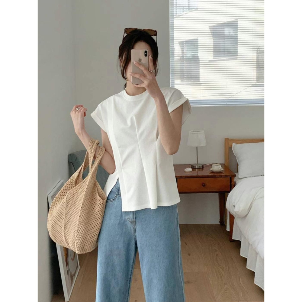 VENUSY｜正韓🇰🇷 - 韓國女裝｜摺痕側開衩T恤 韓國T恤-細節圖8