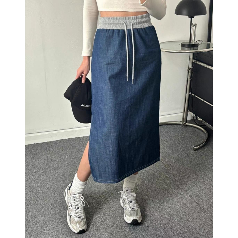VENUSY｜正韓🇰🇷 - 純棉透氣舒適☀ 韓國女裝｜純棉牛仔棉疊搭中長裙-細節圖2