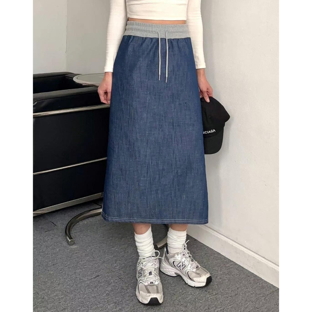 VENUSY｜正韓🇰🇷 - 純棉透氣舒適☀ 韓國女裝｜純棉牛仔棉疊搭中長裙-細節圖3
