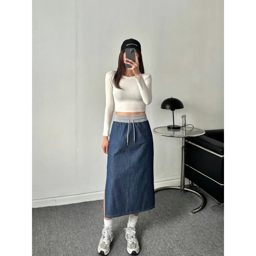 VENUSY｜正韓🇰🇷 - 純棉透氣舒適☀ 韓國女裝｜純棉牛仔棉疊搭中長裙-細節圖4