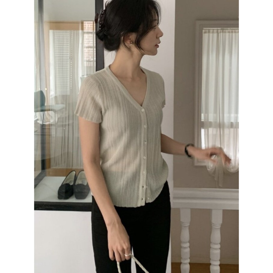 VENUSY｜正韓🇰🇷 - 遮臂顯瘦✓ 韓國女裝｜短袖褶皺V領針織衫 小外套-細節圖2