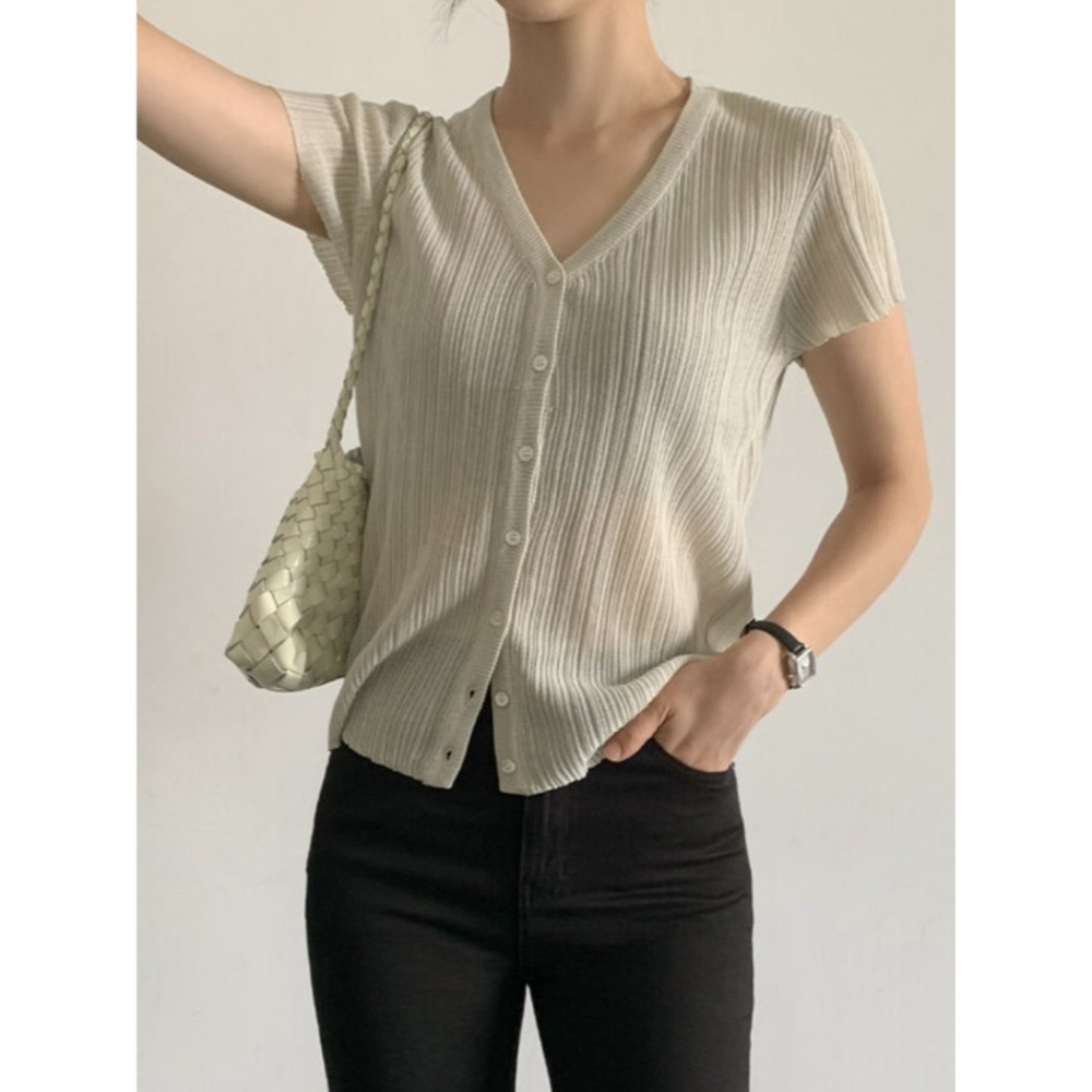 VENUSY｜正韓🇰🇷 - 遮臂顯瘦✓ 韓國女裝｜短袖褶皺V領針織衫 小外套-細節圖3