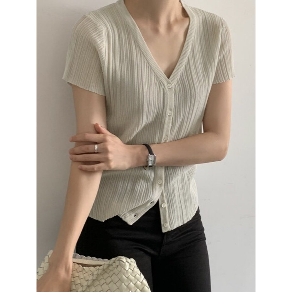 VENUSY｜正韓🇰🇷 - 遮臂顯瘦✓ 韓國女裝｜短袖褶皺V領針織衫 小外套-細節圖4