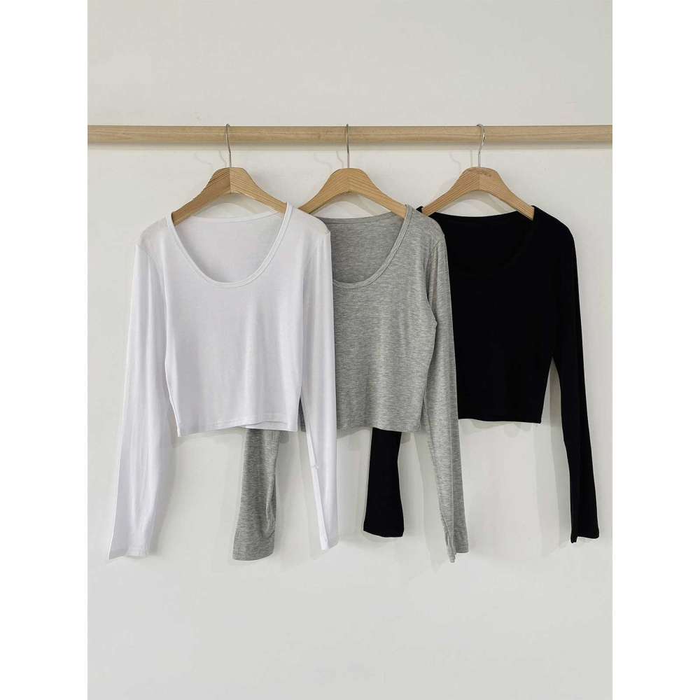 VENUSY｜正韓🇰🇷 - 柔軟修身✓ 韓國女裝｜短版U領長袖T恤 韓國T恤-細節圖11