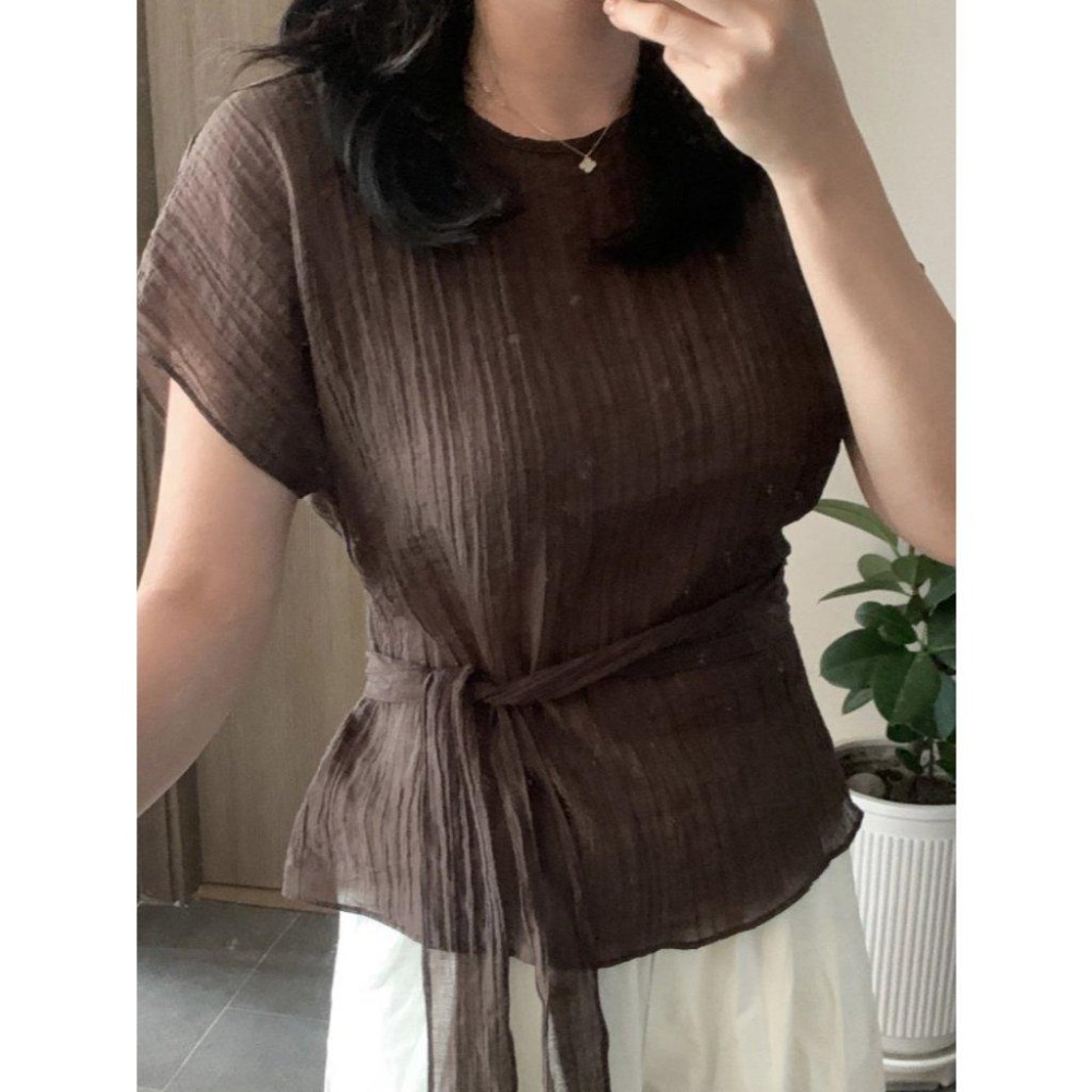 VENUSY｜正韓🇰🇷 - 韓國女裝｜天絲透光綁帶襯衫 韓國襯衫-細節圖4