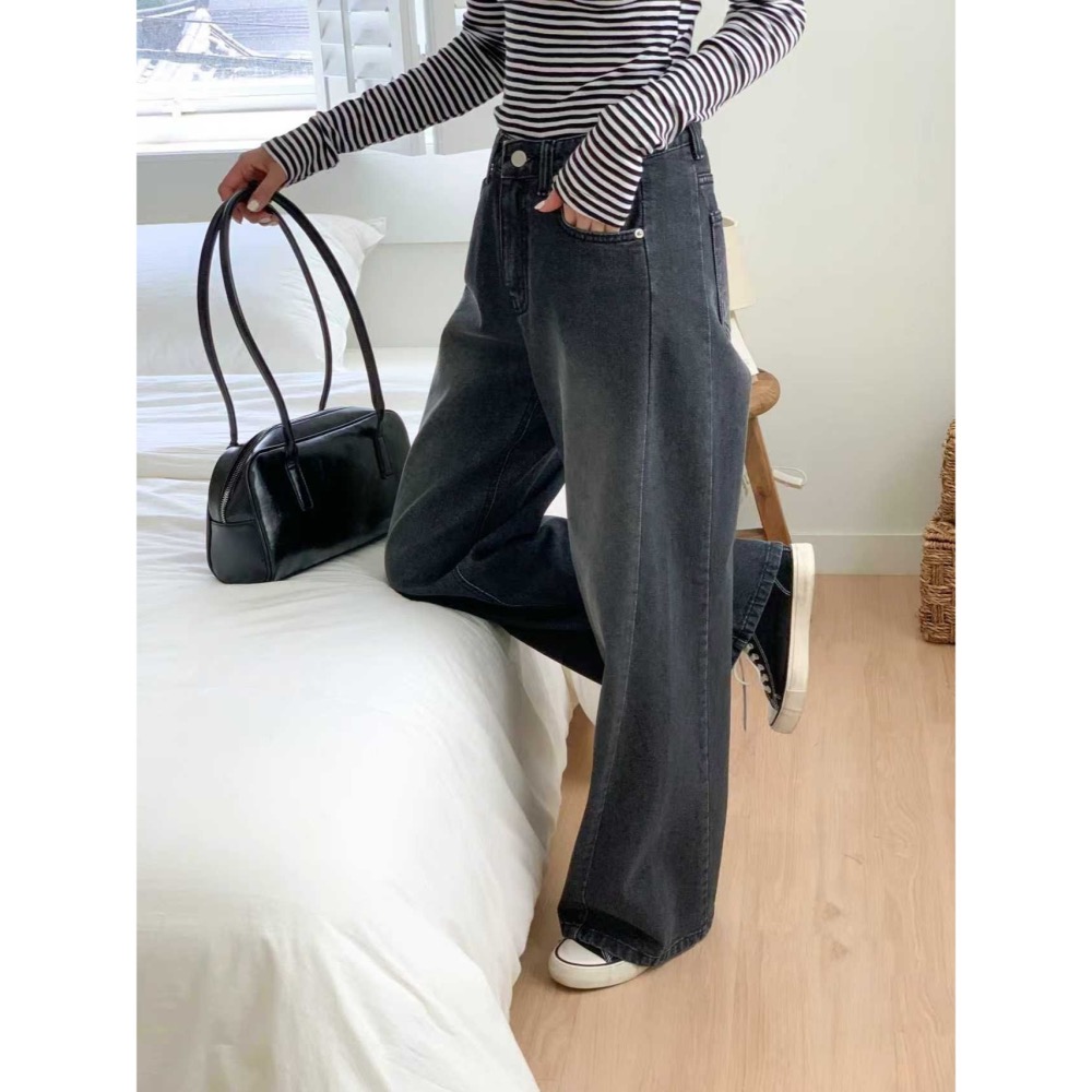 VENUSY｜正韓🇰🇷 - 純棉舒適親膚☀ 韓國女裝｜純棉側開衩寬管牛仔褲 韓國 牛仔褲-細節圖2
