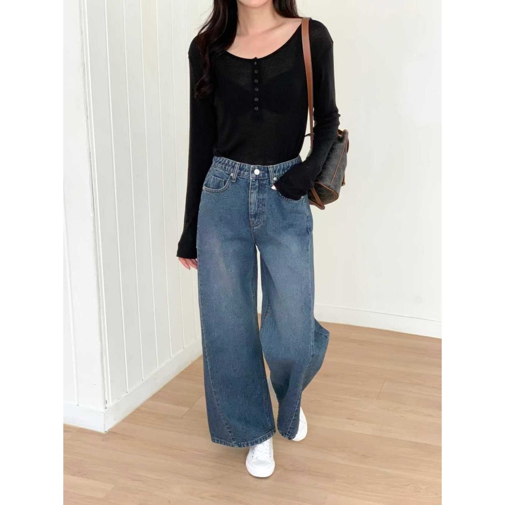 VENUSY｜正韓🇰🇷 - 純棉舒適親膚☀ 韓國女裝｜純棉側開衩寬管牛仔褲 韓國 牛仔褲-細節圖5