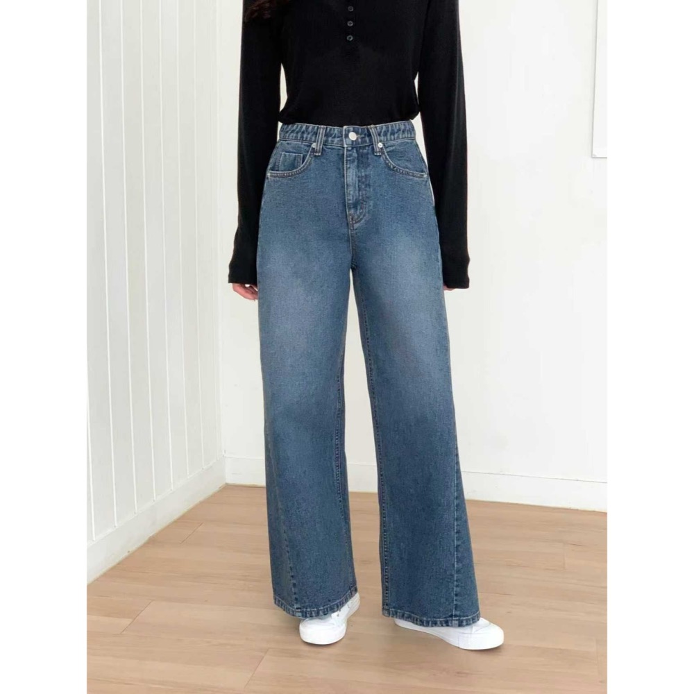 VENUSY｜正韓🇰🇷 - 純棉舒適親膚☀ 韓國女裝｜純棉側開衩寬管牛仔褲 韓國 牛仔褲-細節圖6