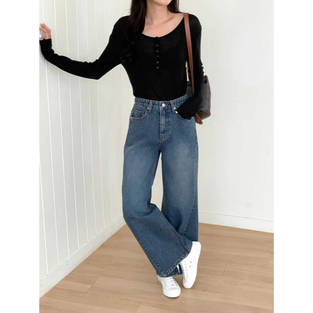 VENUSY｜正韓🇰🇷 - 純棉舒適親膚☀ 韓國女裝｜純棉側開衩寬管牛仔褲 韓國 牛仔褲-細節圖7