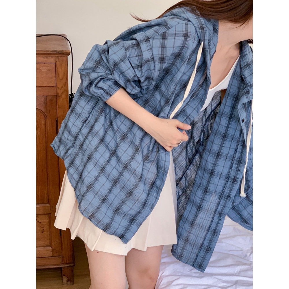 VENUSY｜正韓🇰🇷 - 韓國女裝｜格紋連帽綁帶襯衫 韓國襯衫-細節圖2