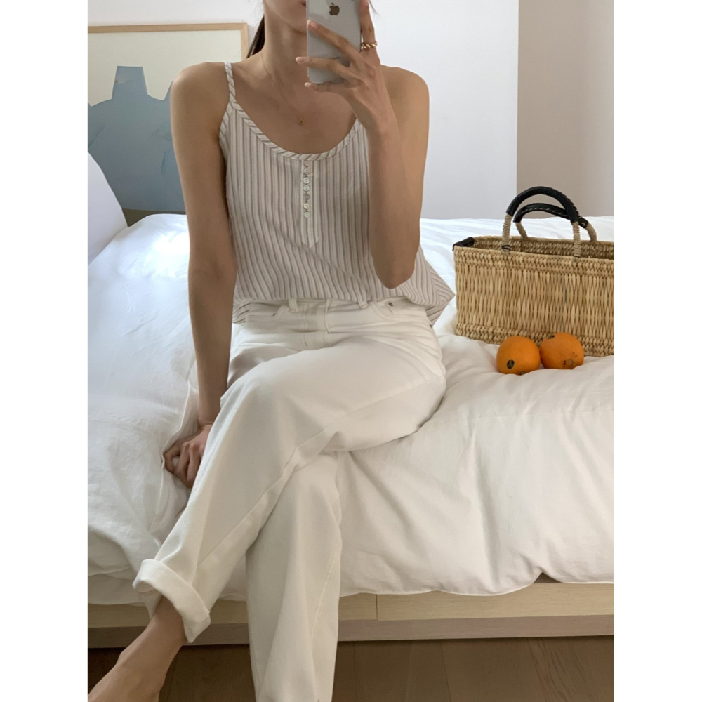 [限量感謝回饋] VENUSY｜正韓🇰🇷 - 𝟷𝟶𝟶%棉☀ 韓國女裝｜純棉無袖條紋襯衫 韓國襯衫-細節圖4