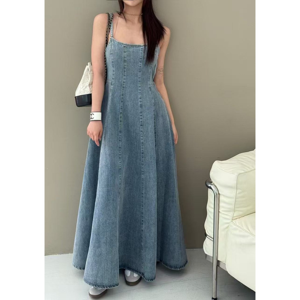 VENUSY｜正韓🇰🇷 - 純棉舒適極美✔ 韓國女裝｜純棉A字型牛仔長洋裝 韓國洋裝-細節圖2