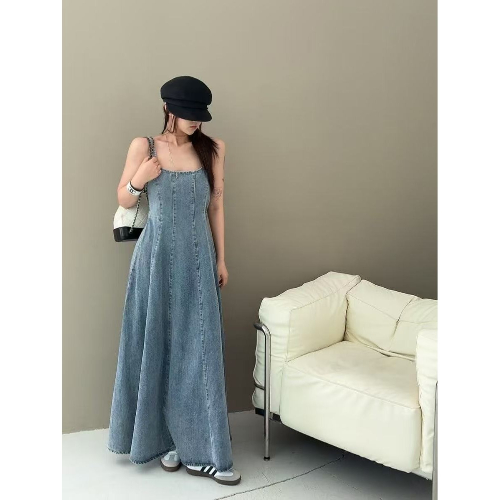 VENUSY｜正韓🇰🇷 - 純棉舒適極美✔ 韓國女裝｜純棉A字型牛仔長洋裝 韓國洋裝-細節圖3