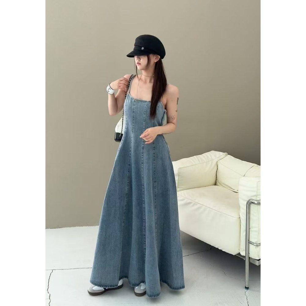 VENUSY｜正韓🇰🇷 - 純棉舒適極美✔ 韓國女裝｜純棉A字型牛仔長洋裝 韓國洋裝-細節圖4